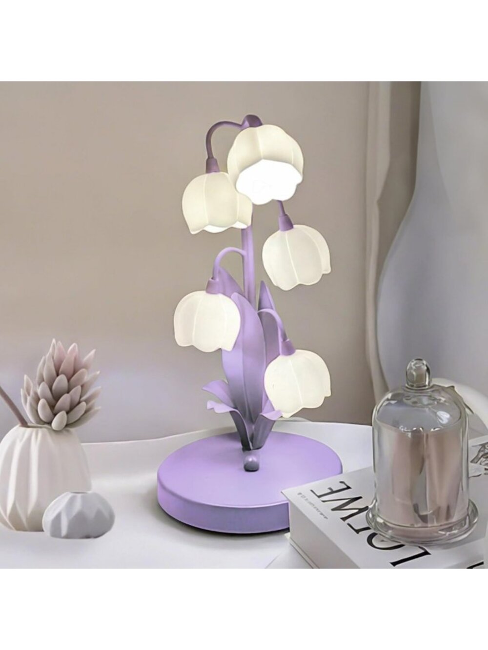 Vintage Purple Flower Table Lamp - 5 Lily of The Valley Home Decor Lighting